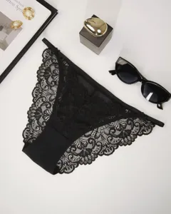 Elegant black lace women's panties with floral trim, sexy and comfortable underwear for daily wear.