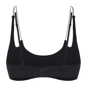 Detail view of a black wireless thin strap bra, soft fabric and back closure design.