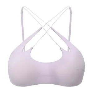 Detail shot of the lavender wireless cross-strap bralette showing fine strap design.