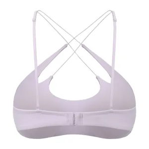 Back view of a lavender wireless bra with sexy crisscross thin straps and cutout design.