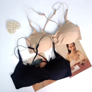 Women Sexy Wireless Bra Solid Color Crisscross Thin Straps Beautiful Back Seamless Push Up Bra For Everyday Comfort