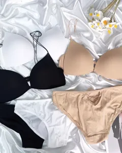 Gedetailleerd overzicht van de draadloze bh en slip set met voorsluiting op satijn.