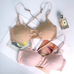 Sexy wireless bra with thin cross straps, comfortable gathering tube top for daily wear.