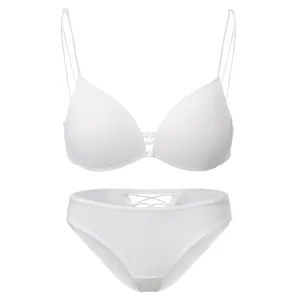 Close-up details van de witte bh en slip set met voorsluiting en fijne bandjes voor dames.