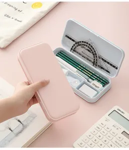 Minimalist frosted plastic pencil box with multi-compartment large capacity student use.