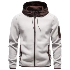 Men's Thickened Polar Fleece Suede Splicing Zip-Up Hoodie Jacket Warm Winter Color Block Casual Outerwear Fleece Top