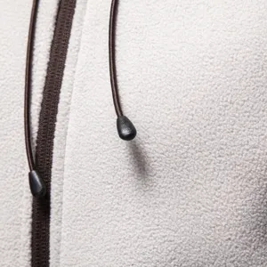 Men's thick fleece hoodie detail view, showing textured plush fabric and durable zipper design.