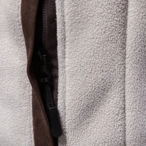Men's winter thick fleece sweatshirt detail showing suede patch and durable zipper.