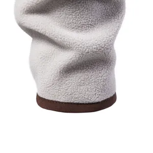 Grey fleece hoodie sleeve cuff detail view, showing thick thermal fabric texture and brown binding.