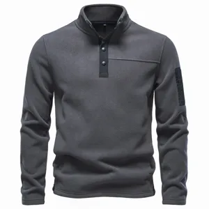 Men's dark gray fleece pullover sweatshirt with snap stand collar and sleeve pocket detail.