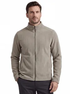 Herren Fleecejacke Detail mit Reißverschluss, Stehkragen, bequeme graue Freizeitoberbekleidung.