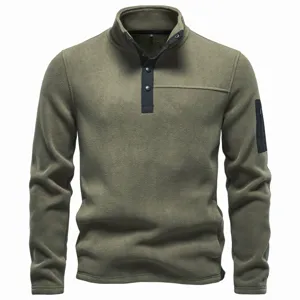 Men's olive green thick fleece pullover sweatshirt with snap collar outdoor activewear thermal top
