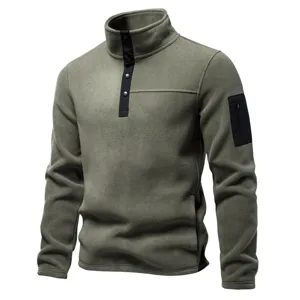 Men Polar Fleece Sweatshirt Thick Pullover Stand Collar Button Patchwork Outdoor Warm Top Autumn Winter Clothing