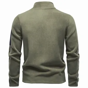 Detail view of men's olive green fleece pullover, casual outdoor thermal stand collar sweatshirt.