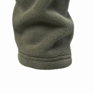 Close-up of olive green polar fleece fabric cuff, showing detailed stitching texture.