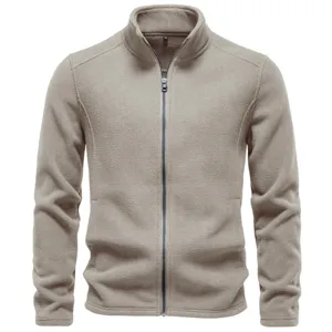 Herren Fleecejacke mit Reissverschluss beigefarbener Stehkragen Winteroberteil lang