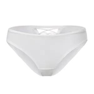 Gedetailleerd overzicht van witte damesslip met lage taille en elegante gekruiste bandjes.
