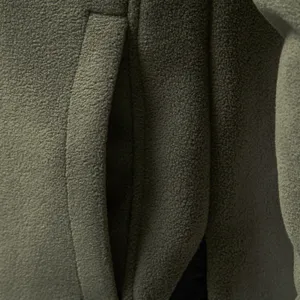 Close-up detail of mens fleece sweatshirt pocket, showing thick green fabric texture.