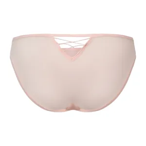 Roze lage dames slip van ademende stof met een chique gekruist ontwerp op de rug.