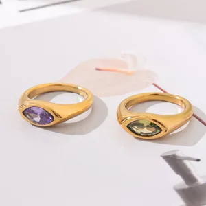 Anillo de Acero Inoxidable Chapado en Oro 18K Corte Marquesa Strass Púrpura Verde para Mujer Joyería Anillo de Lujo