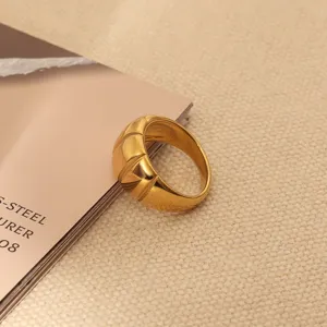 Detailed shot of a chunky gold domed stainless steel ring with elegant grooved segments.