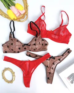 Sexy doorschijnende mesh beha en slip set met vlok bloemenprint gedetailleerd aanzicht.