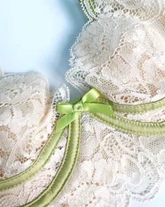 Nahaufnahme Detail des französischen Spitzen-BHs mit hellgrüner Einfassung und Schleife.
