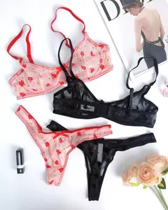 Gedetailleerd overzicht van sexy doorschijnende gevlokte kant BH en string lingerieset.