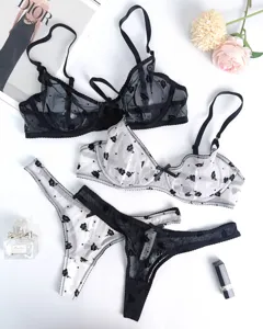Franse sexy doorschijnende kanten bh en slip set, ultradunne dameslingerie voorjaar.