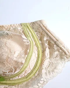 Französischer sexy Spitzen-BH Detail, beiger Blumen-Spitzenstoff mit grüner Paspelierung.