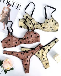 Franse stijl doorschijnende mesh BH en slip set met subtiel geflokt bloemdetail.