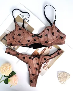 Franse sexy geflockte kant bh en string lingerieset, gedetailleerd doorzichtige mesh weergave.