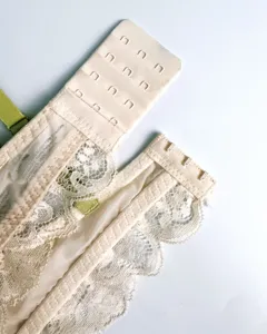 Nahaufnahme der französischen sexy Spitzen-BH-Rückenhakenverschluss- und feinen Mesh-Details.