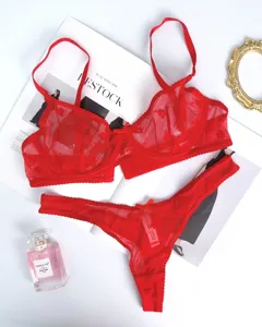 Detail van rood kanten bh en string lingerie set met fijne doorzichtige stof en ontwerp.
