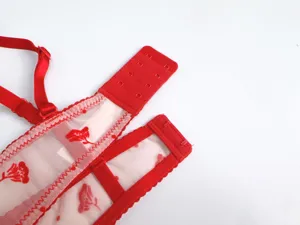 Gedetailleerde opname van rode kanten bh-bandjes met fijn mesh bloemenpatroon en handige haaksluiting.