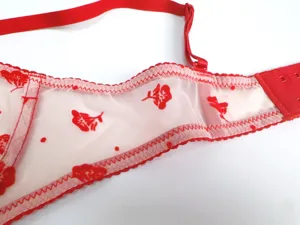 Rood bh-detail van transparante mesh met bloemig flockpatroon en verstelbare schouderband.