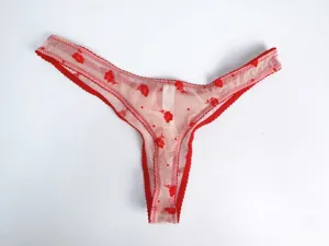 Gedetailleerd overzicht van een rode transparante string met delicate geflockte rozen en kant.