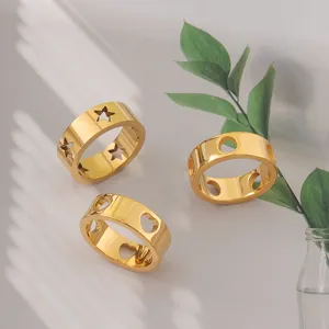 Roestvrij Staal Opengewerkte Ring PVD 18K Verguld Geometrisch Hart Ster Rond Bandring Mode Sieraden Voor Dames
