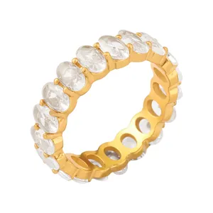 Gold oval zirconia eternity ring for women, elegant full stone stackable wedding band jewelry.
