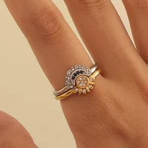 Elegantes Sonnen und Mond Stapelring Set für Damen, kreativer Zirkonia Finger Schmuck.