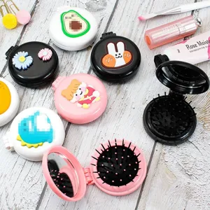 Portable folding air cushion hair brush, cute cartoon pattern comb with mini makeup mirror.
