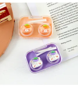Draagbare schattige cartoon contactlensetui set met dubbele doos, pincet en inbrengtool.