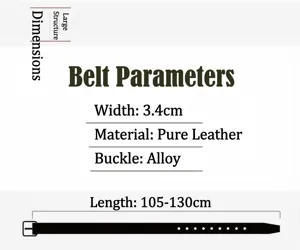 Men genuine leather belt parameter specification chart with alloy buckle and length.