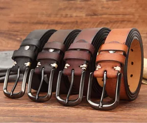 Men vintage cowhide leather belt retro casual classic metal buckle jeans belt for men