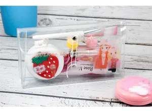 Transparent PVC cosmetic pouch set with portable makeup mirror, brush, and cute stickers.