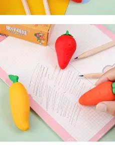 Cute simulated fruit shaped erasers set for kids, creative cartoon stationery for school.