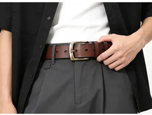 Men's genuine leather belt with classic pin buckle, durable cowhide casual jeans belt.