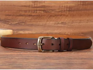 Men's brown genuine leather belt detail view featuring classic metal pin buckle.