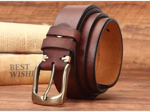 Men genuine leather belt casual vintage metal pin buckle cowhide strap for jeans daily wear