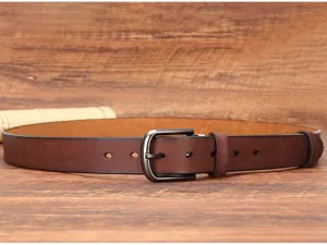 Men vintage genuine cowhide leather belt detail, classic pin buckle, casual jeans belt.